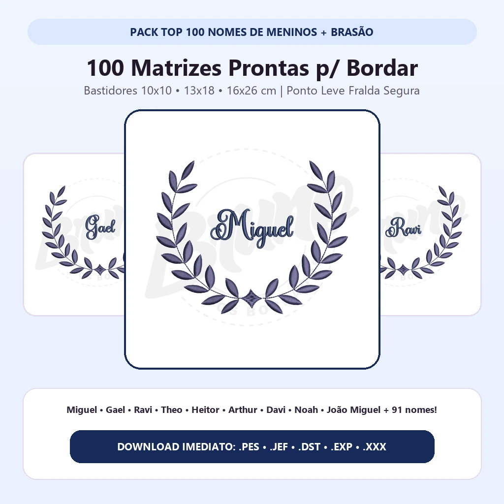 Pack Top 100 Nomes de Meninos Mais Registrados no Brasil (Prontos para Bordar + Brasão)